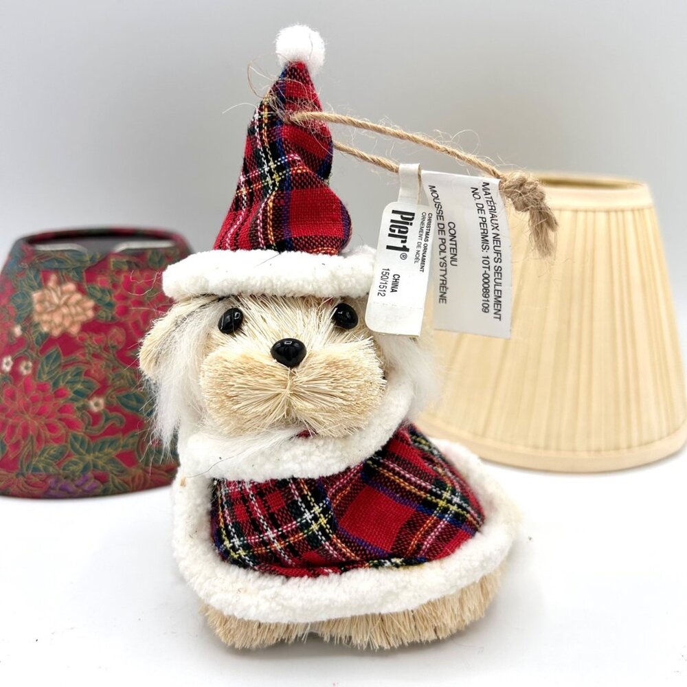 NWT PIER 1 SISEL DOG PLAID CHRISTMAS ORNAMENT 2 VTG ELECTRIC CANDLE LAMPSHADES - Picture 2 of 9